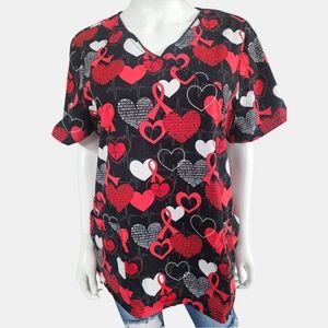 Cherokee Mock Wrap V-Neck Short Sleeve Heart Awareness Scrub Top Size XL